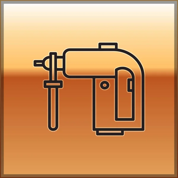 Black line Electric rotary hammer drill machine icon isolated on gold background. Working tool for construction, finishing, repair work. Vector Illustration — Stock Vector