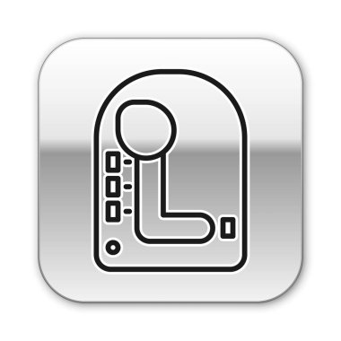 Siyah çizgi vites değiştiren simgesi beyaz arkaplanda izole edildi. İletişim simgesi. Gümüş kare düğme. Vektör İllüstrasyonu