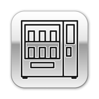 Siyah çizgili yiyecek ve içecek otomatı otomatiği beyaz arka planda izole edilmiş ikon satıyor. Gümüş kare düğme. Vektör İllüstrasyonu