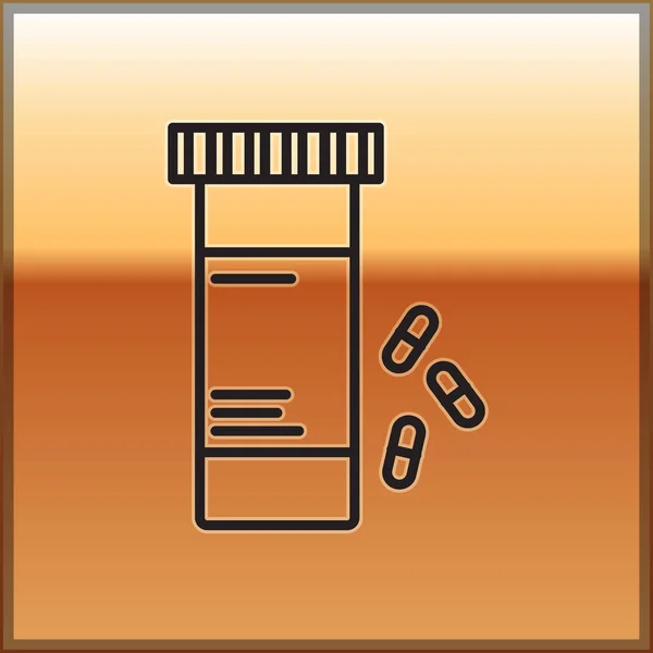 黑线药瓶和药丸图标孤立在黄金背景. 瓶装药丸标志。 药房设计。 病媒图解 — 图库矢量图片