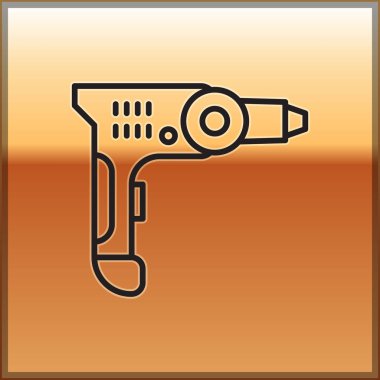 Siyah çizgi elektrikli matkap ikonu altın arka planda izole edilmiş. Tamir aleti. Vektör İllüstrasyonu