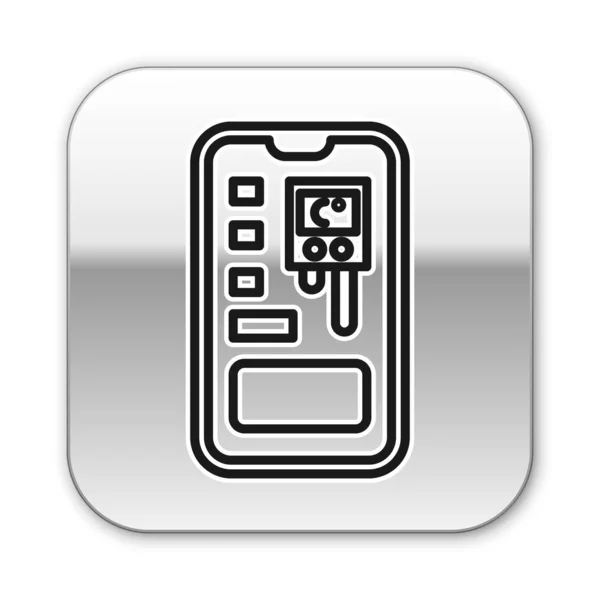 Línea negra Sistema de cultivo de control inteligente icono de la aplicación móvil aislado sobre fondo blanco. Botón cuadrado plateado. Ilustración vectorial — Vector de stock