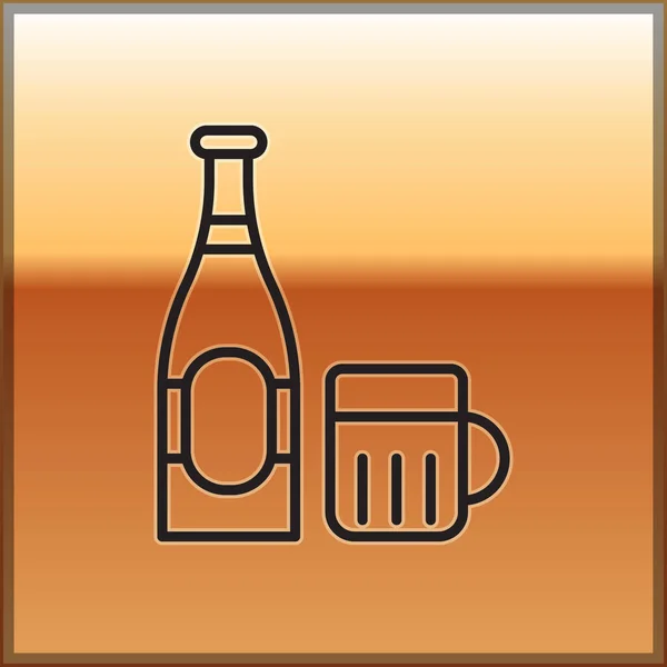 Svart linje Öl flaska och glas ikon isolerad på guld bakgrund. Alkoholdryckessymbol. Vektor Illustration — Stock vektor
