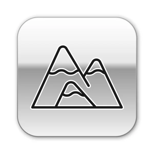 Icono Montañas de línea negra aislado sobre fondo blanco. Símbolo de victoria o concepto de éxito. Botón cuadrado plateado. Ilustración vectorial — Vector de stock