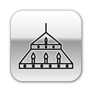 Beyaz arka planda izole edilmiş ortaçağ ikonunda mumları olan siyah çizgili devasa çelik avize. Gümüş kare düğme. Vektör İllüstrasyonu