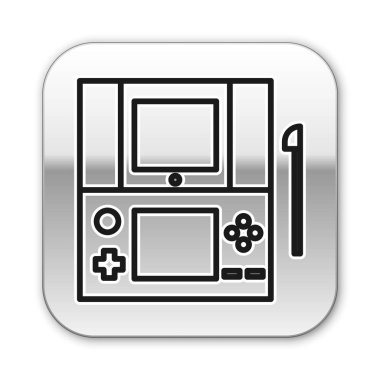 Siyah çizgi taşınabilir oyun konsolu simgesi beyaz arkaplanda izole edildi. Av alanı tabelası. Oyun konsepti. Gümüş kare düğme. Vektör İllüstrasyonu