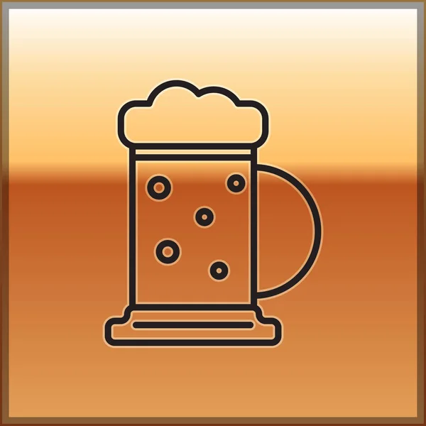 Svart linje Trä öl mugg ikon isolerad på guld bakgrund. Vektor Illustration — Stock vektor