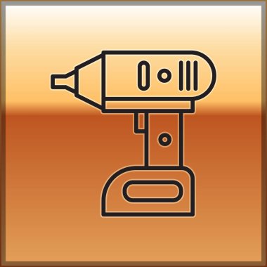 Siyah çizgi elektrik kablosuz tornavida simgesi altın arka planda izole edildi. Elektrikli matkap. Tamir aleti. Vektör İllüstrasyonu