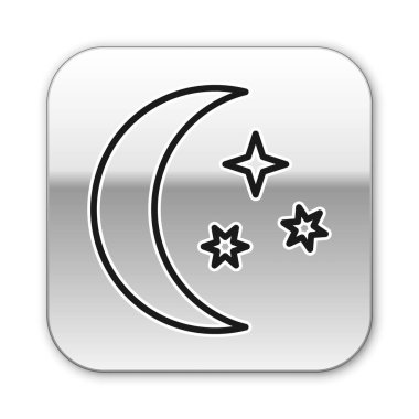 Siyah çizgi Ay ve yıldız simgesi beyaz arkaplanda izole edildi. Gümüş kare düğme. Vektör İllüstrasyonu