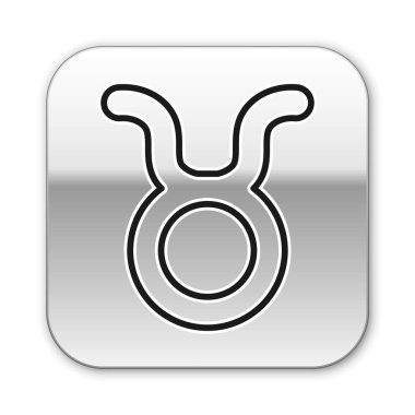 Siyah çizgi Taurus burç simgesi beyaz arkaplanda izole edilmiş. Astrolojik yıldız falı koleksiyonu. Gümüş kare düğme. Vektör İllüstrasyonu