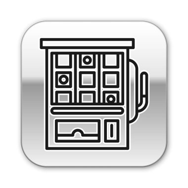 Siyah çizgi kumar makinesi simgesi beyaz arkaplanda izole edildi. Gümüş kare düğme. Vektör İllüstrasyonu