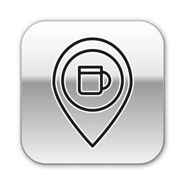 Línea negra Icono de ubicación de bar de cerveza o alcohol aislado sobre fondo blanco. Símbolo de bebida, pub, club, bar. Botón cuadrado plateado. Ilustración vectorial — Vector de stock