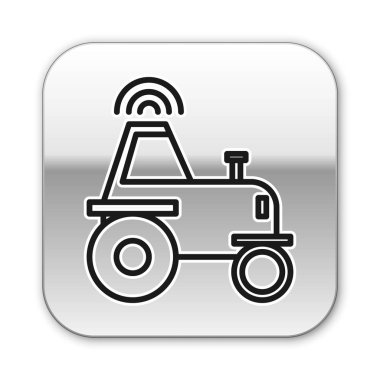 Beyaz arka planda izole edilmiş akıllı bir çiftlik ikonu üzerinde kablosuz traktör kullanan siyah çizgi. Akıllı tarım elementi uygular. Gümüş kare düğme. Vektör İllüstrasyonu