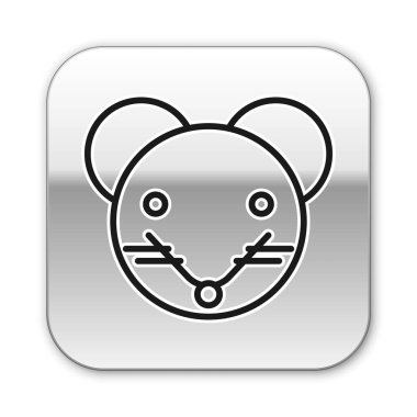 Beyaz arka planda siyah çizgi sıçan burcu simgesi izole edildi. Astrolojik yıldız falı koleksiyonu. Gümüş kare düğme. Vektör İllüstrasyonu