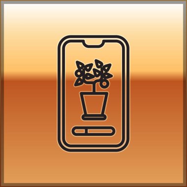 Siyah çizgi Akıllı kontrol sistemi mobil uygulama simgesi altın arka planda izole. Vektör İllüstrasyonu