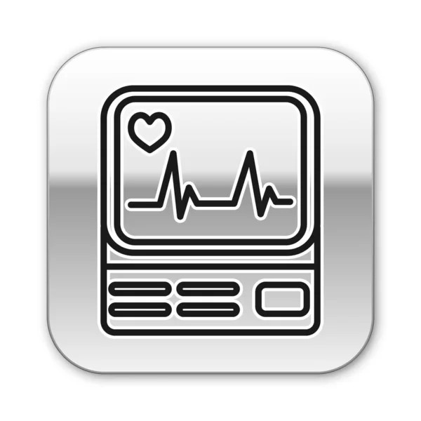 Monitor de ordenador de línea negra con icono de cardiograma aislado sobre fondo blanco. Icono de monitoreo. Monitor ECG con latidos cardíacos dibujados a mano. Botón cuadrado plateado. Ilustración vectorial — Vector de stock