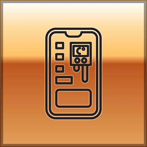 Czarna linia Inteligentny system sterowania Mobilna ikona aplikacji izolowana na złotym tle. Ilustracja wektora — Wektor stockowy