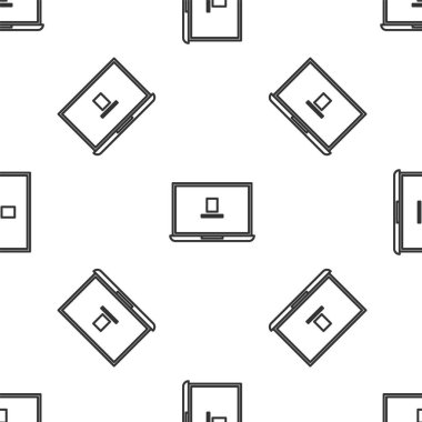 Gri çizgi dizüstü bilgisayar simgesi beyaz arkaplandaki kusursuz deseni izole etti. Boş ekran işaretli bilgisayar defteri. Vektör İllüstrasyonu