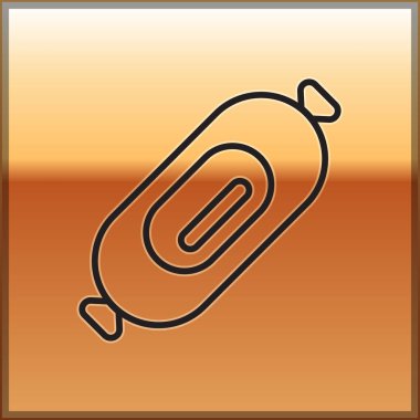 Siyah çizgili salam sosis ikonu altın arka planda izole edilmiş. Et şarküteri ürünü. Vektör İllüstrasyonu