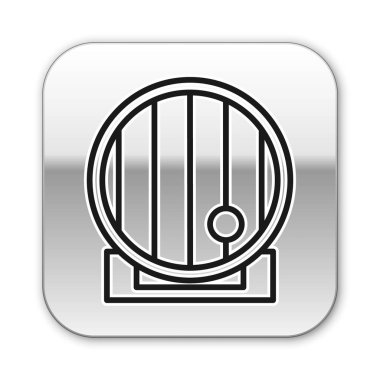 Siyah çizgi tahta varil ikonu beyaz arka planda izole edilmiş. Alkol fıçısı, içki kabı, bira için tahta fıçı, viski, şarap. Gümüş kare düğme. Vektör İllüstrasyonu