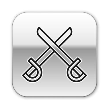 Beyaz arka planda izole edilmiş siyah çizgili korsan kılıcı simgesi. Kılıç işareti. Gümüş kare düğme. Vektör İllüstrasyonu