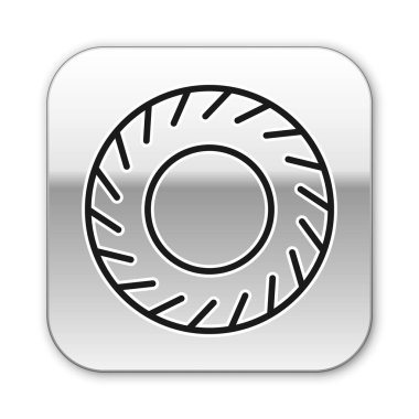 Siyah çizgi araba lastik ikonu beyaz arka planda izole edildi. Gümüş kare düğme. Vektör İllüstrasyonu