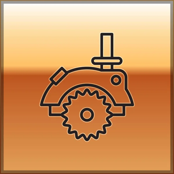 Sierra circular eléctrica de línea negra con icono de disco dentado de acero aislado sobre fondo dorado. Herramienta eléctrica para cortar madera o metal. Ilustración vectorial — Archivo Imágenes Vectoriales