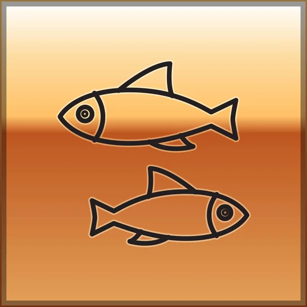 Schwarze Linie Fisch Symbol isoliert auf goldenem Hintergrund. Vektorillustration — Stockvektor