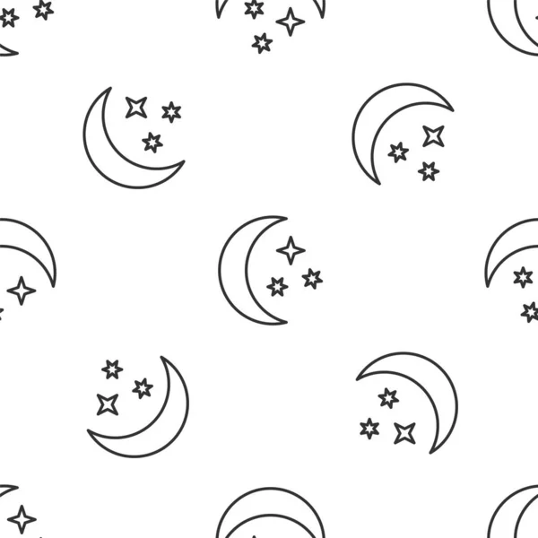 Línea gris Luna y estrellas icono aislado patrón sin costuras sobre fondo blanco. Ilustración vectorial — Vector de stock