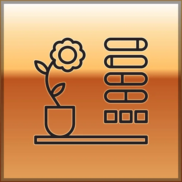 Svart linje Blomma status ikon isolerad på guld bakgrund. Vektor Illustration — Stock vektor