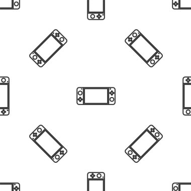 Gri çizgi taşınabilir video oyun konsolu simgesi beyaz arkaplanda izole edilmiş pürüzsüz desen. Av alanı tabelası. Oyun konsepti. Vektör İllüstrasyonu