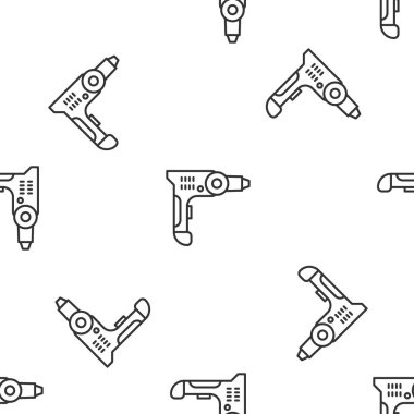 Gri çizgi elektrikli matkap ikonu beyaz arka planda izole edilmiş pürüzsüz desen. Tamir aleti. Vektör İllüstrasyonu