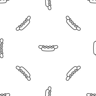 Hardal ikonlu gri çizgi Hotdog sandviçi beyaz arka planda izole edilmiş kusursuz desen. Sosis ikonu. Sokak fast food menüsü. Vektör İllüstrasyonu