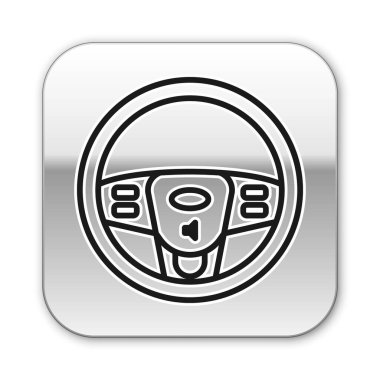 Siyah çizgili direksiyon simgesi beyaz arkaplanda izole edilmiş. Araba tekeri ikonu. Gümüş kare düğme. Vektör İllüstrasyonu