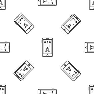 Gri çizgi akıllı telefon ve oyun simgesinde oynamak beyaz arka planda izole edilmiş kusursuz desen. Mobil oyun konsepti. Vektör İllüstrasyonu