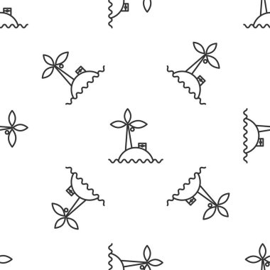 Grey line Tropical island in ocean icon isolated seamless pattern on white background. Landscape with ocean and palm trees. Travel. Vector Illustration