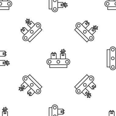 Grey line Conveyor belt with cardboard box icon isolated seamless pattern on white background. Vector Illustration