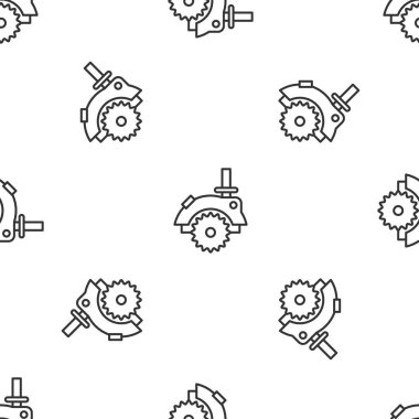 Grey line Electric circular saw with steel toothed disc icon isolated seamless pattern on white background. Electric hand tool for cutting wood or metal. Vector Illustration
