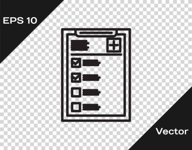 Şeffaf arka planda izole klinik kayıt simgesi ile Siyah hat Tıbbi pano. Sağlık sigortası formu. Reçete, tıbbi kontrol izleri raporu. Vektör İllüstrasyonu