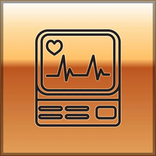 Monitor de ordenador de línea negra con icono de cardiograma aislado sobre fondo dorado. Icono de monitoreo. Monitor ECG con latidos cardíacos dibujados a mano. Ilustración vectorial — Vector de stock