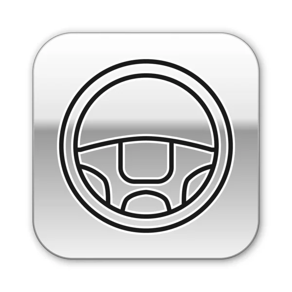 Línea negra Icono del volante aislado sobre fondo blanco. Icono de rueda de coche. Botón cuadrado plateado. Ilustración vectorial — Vector de stock