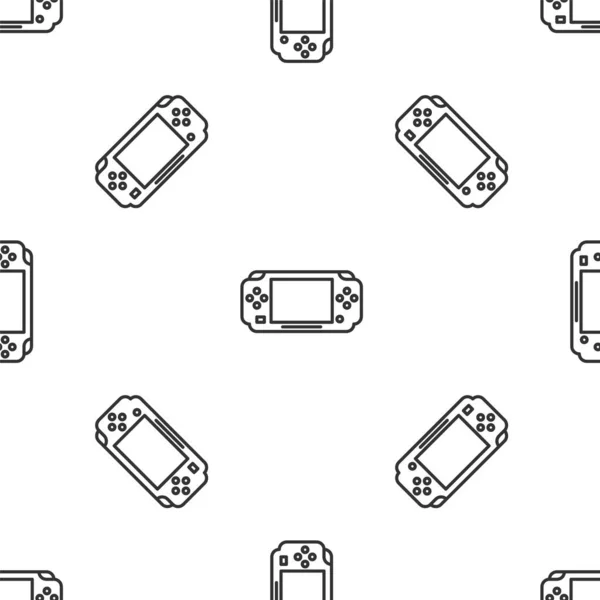Línea gris Consola de videojuegos portátil icono aislado patrón sin costura sobre fondo blanco. Señal de mando. Concepto de juego. Ilustración vectorial — Archivo Imágenes Vectoriales
