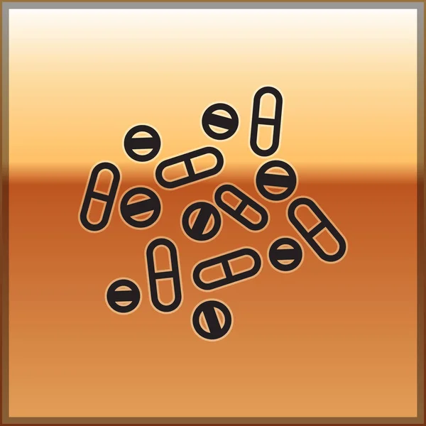 Svart linje medicin piller eller tablett ikon isolerad på guld bakgrund. Kapselpiller och drogtecken. Farmaceutisk design. Vektor Illustration — Stock vektor