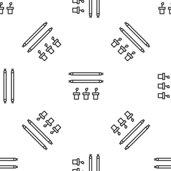 Línea gris Granja inteligente con bombilla y símbolo de la planta icono aislado patrón sin costura sobre fondo blanco. Ilustración vectorial — Archivo Imágenes Vectoriales