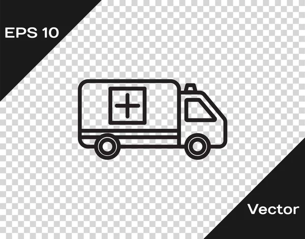 Ligne noire Ambulance et icône de voiture de secours isolé sur fond transparent. Évacuation médicale du véhicule ambulancier. Illustration vectorielle — Image vectorielle