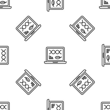 Dizüstü bilgisayar simgesindeki gri çizgi genetik mühendisliği modifikasyonu beyaz arka planda kusursuz desen izole etti. DNA analizi, genetik testler, klonlama. Vektör İllüstrasyonu