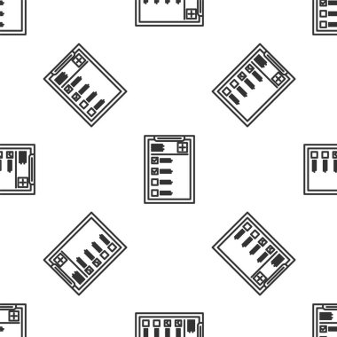 Klinik kayıt simgesine sahip gri çizgi tıbbi pano beyaz arka planda kusursuz desen izole etti. Sağlık sigortası formu. Reçete, tıbbi kontrol işaretleri raporu. Vektör İllüstrasyonu