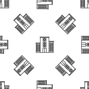 Gri çizgili tıbbi hastane binası, çapraz ikona sahip, beyaz arka planda pürüzsüz bir desen var. Tıp merkezi. Sağlık hizmetleri. Vektör İllüstrasyonu