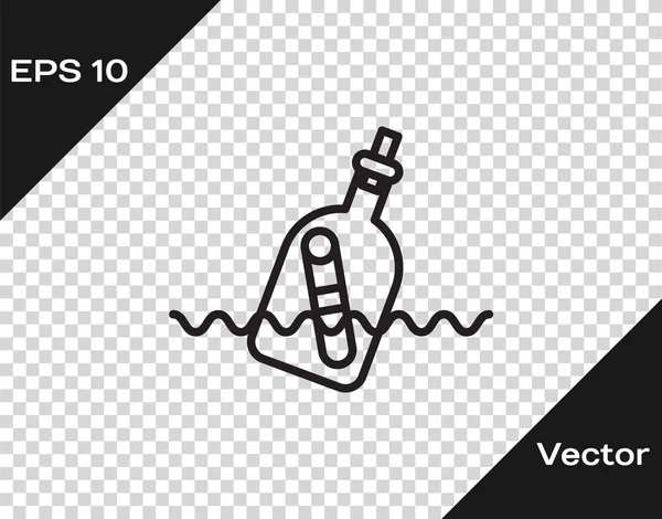 Черная линия Стеклянная бутылка с сообщением в воде значок изолирован на прозрачном фоне. Письмо в бутылке. Пиратский символ. Векторная миграция — стоковый вектор