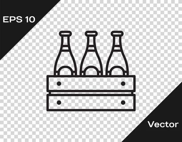 Black line Pack of beer bottles icon isolated on transparent background. Wooden box and beer bottles. Case crate beer box sign. Vector Illustration — Stock Vector